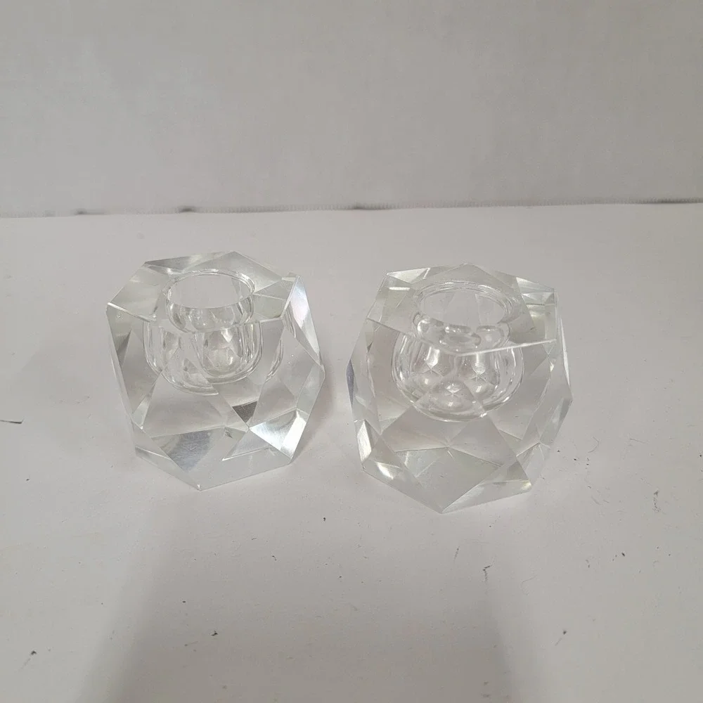 Glass Taper Candle Holders Geometric Faceted Prism Heavy Clear